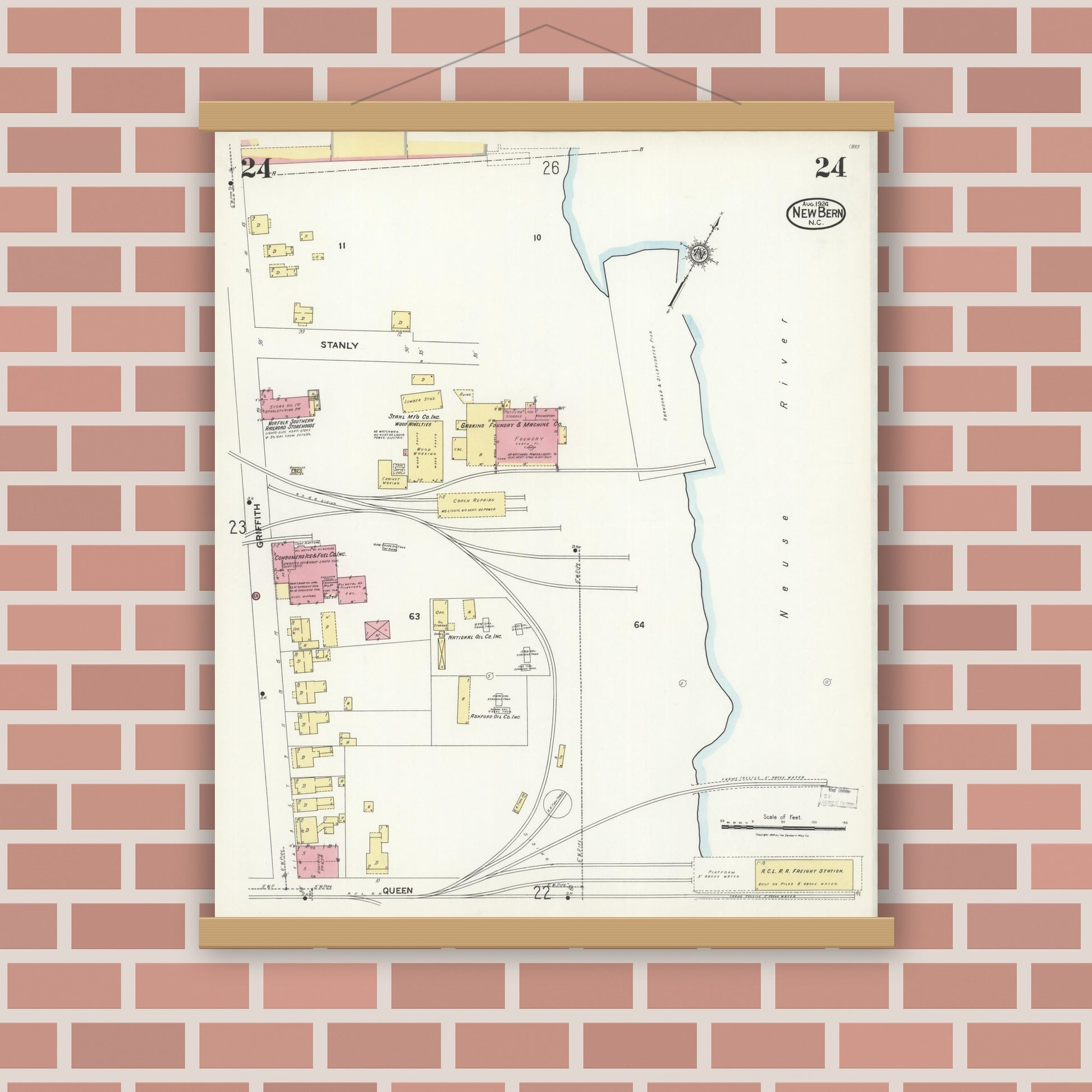 Old map wall art mockup — magnetic wood frame on brick wall — Sanborn Fire Insurance Map from New Bern, Craven County, North Carolina (1924), Sheet #0024