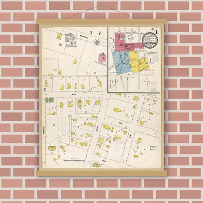 Old map wall art mockup — magnetic wood frame on brick wall — Sanborn Fire Insurance Map from Sweet Springs, Saline County, Missouri (1900), Sheet #0001