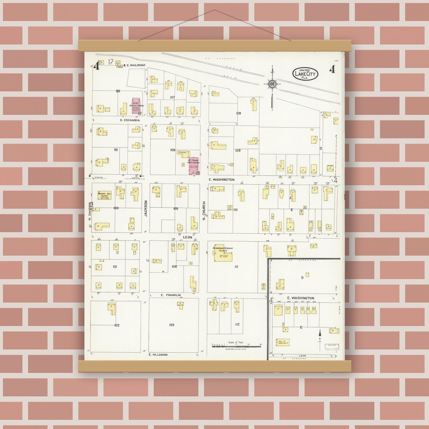 Old map wall art mockup — magnetic wood frame on brick wall — Sanborn Fire Insurance Map from Lake City, Columbia County, Florida (1924), Sheet #0004