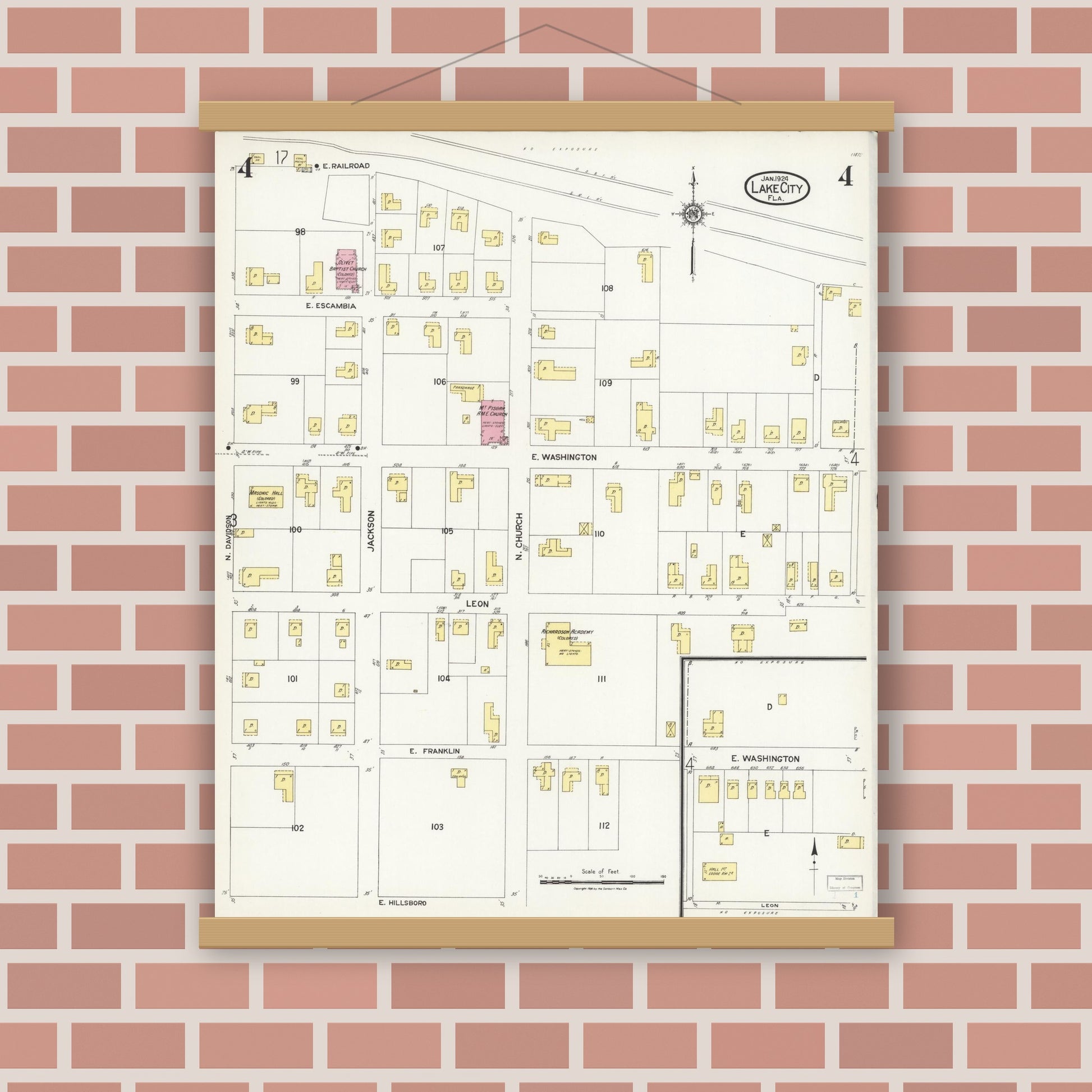 Old map wall art mockup — magnetic wood frame on brick wall — Sanborn Fire Insurance Map from Lake City, Columbia County, Florida (1924), Sheet #0004