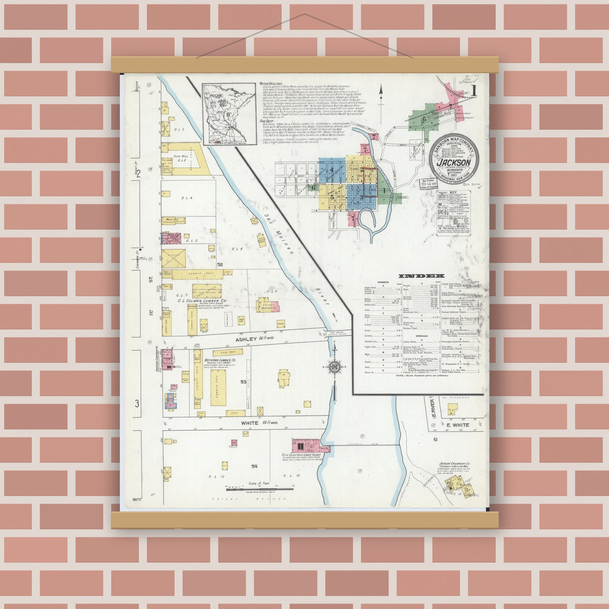 Old map wall art mockup — magnetic wood frame on brick wall — Sanborn Fire Insurance Map from Jackson, Jackson County, Minnesota (1917), Sheet #0001