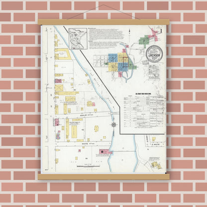 Old map wall art mockup — magnetic wood frame on brick wall — Sanborn Fire Insurance Map from Jackson, Jackson County, Minnesota (1917), Sheet #0001