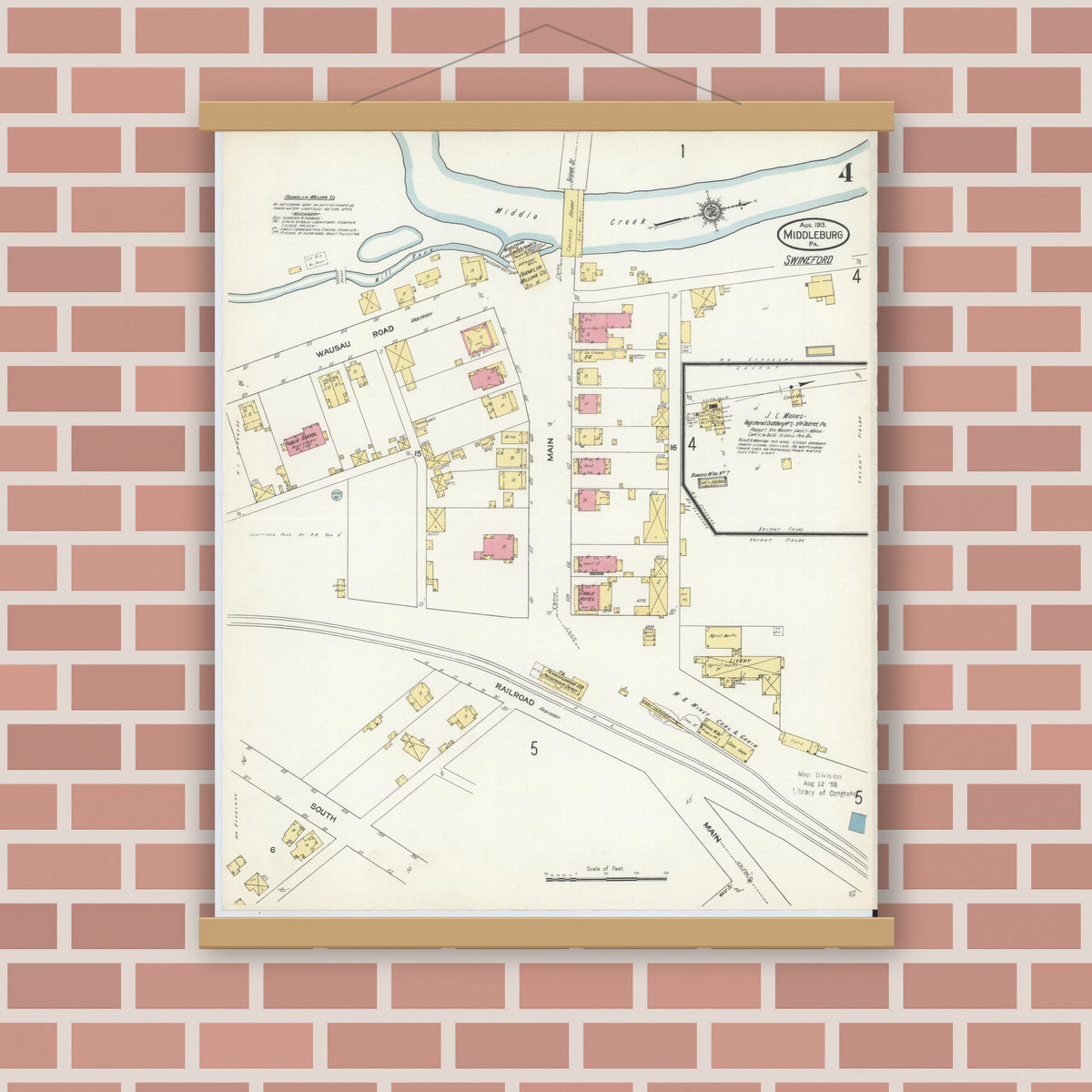 Old map wall art mockup — magnetic wood frame on brick wall — Sanborn Fire Insurance Map from Middleburg, Snyder County, Pennsylvania (1913), Sheet #0004