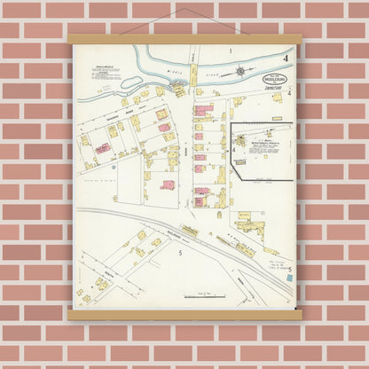 Old map wall art mockup — magnetic wood frame on brick wall — Sanborn Fire Insurance Map from Middleburg, Snyder County, Pennsylvania (1913), Sheet #0004
