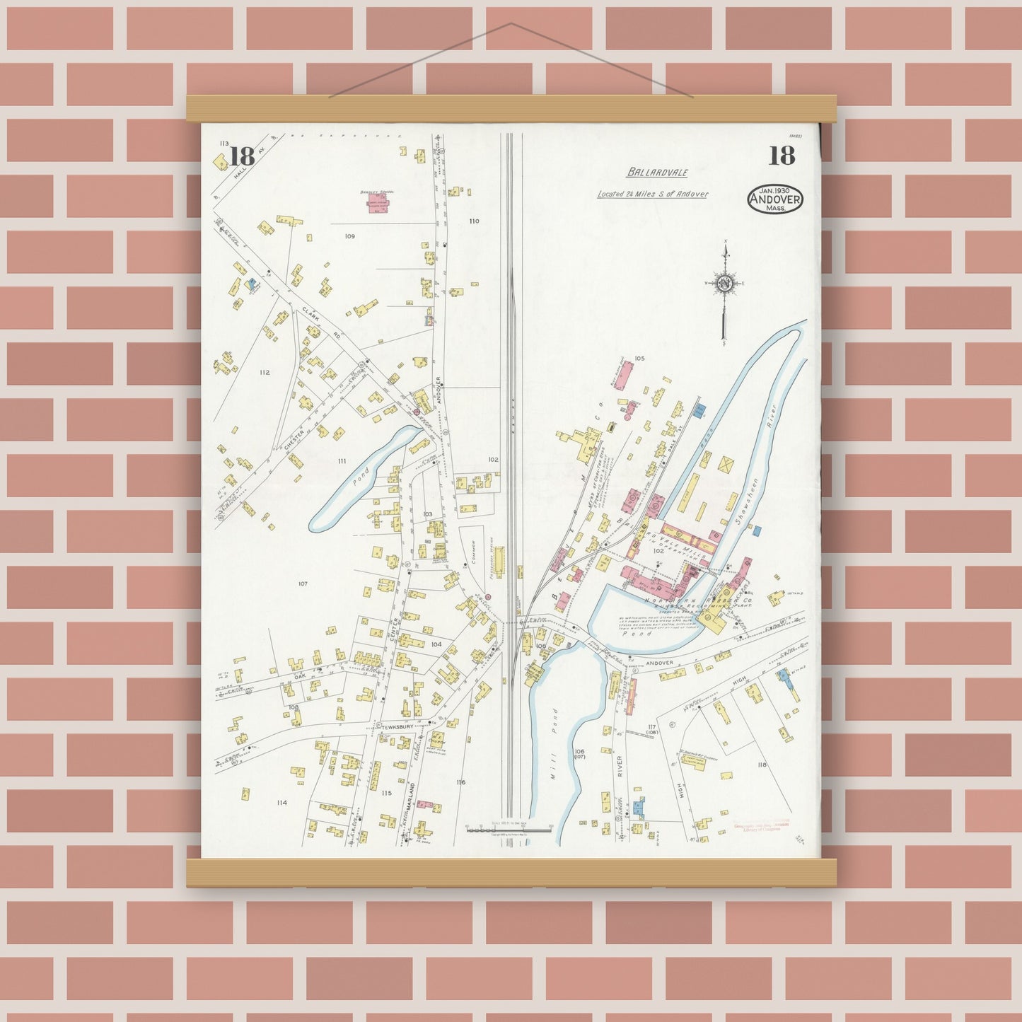 Old map wall art mockup — magnetic wood frame on brick wall — Sanborn Fire Insurance Map from Andover, Essex County, Massachusetts (1930), Sheet #0018