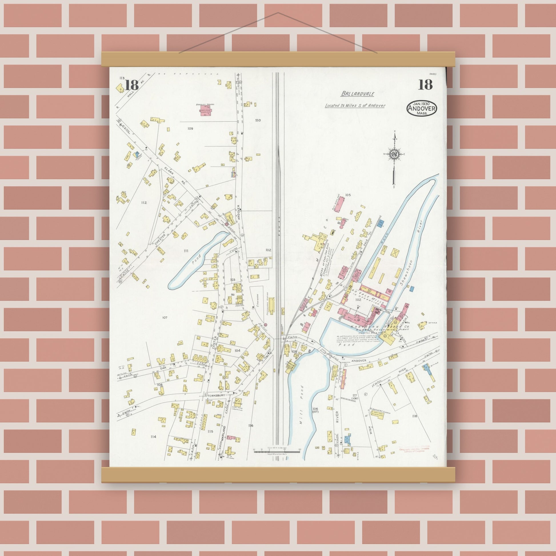 Old map wall art mockup — magnetic wood frame on brick wall — Sanborn Fire Insurance Map from Andover, Essex County, Massachusetts (1930), Sheet #0018