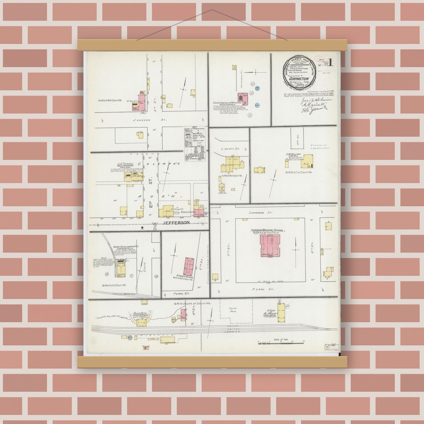 Old map wall art mockup — magnetic wood frame on brick wall — Sanborn Fire Insurance Map from Covington, Fountain County, Indiana (1892) - Complete Map Set