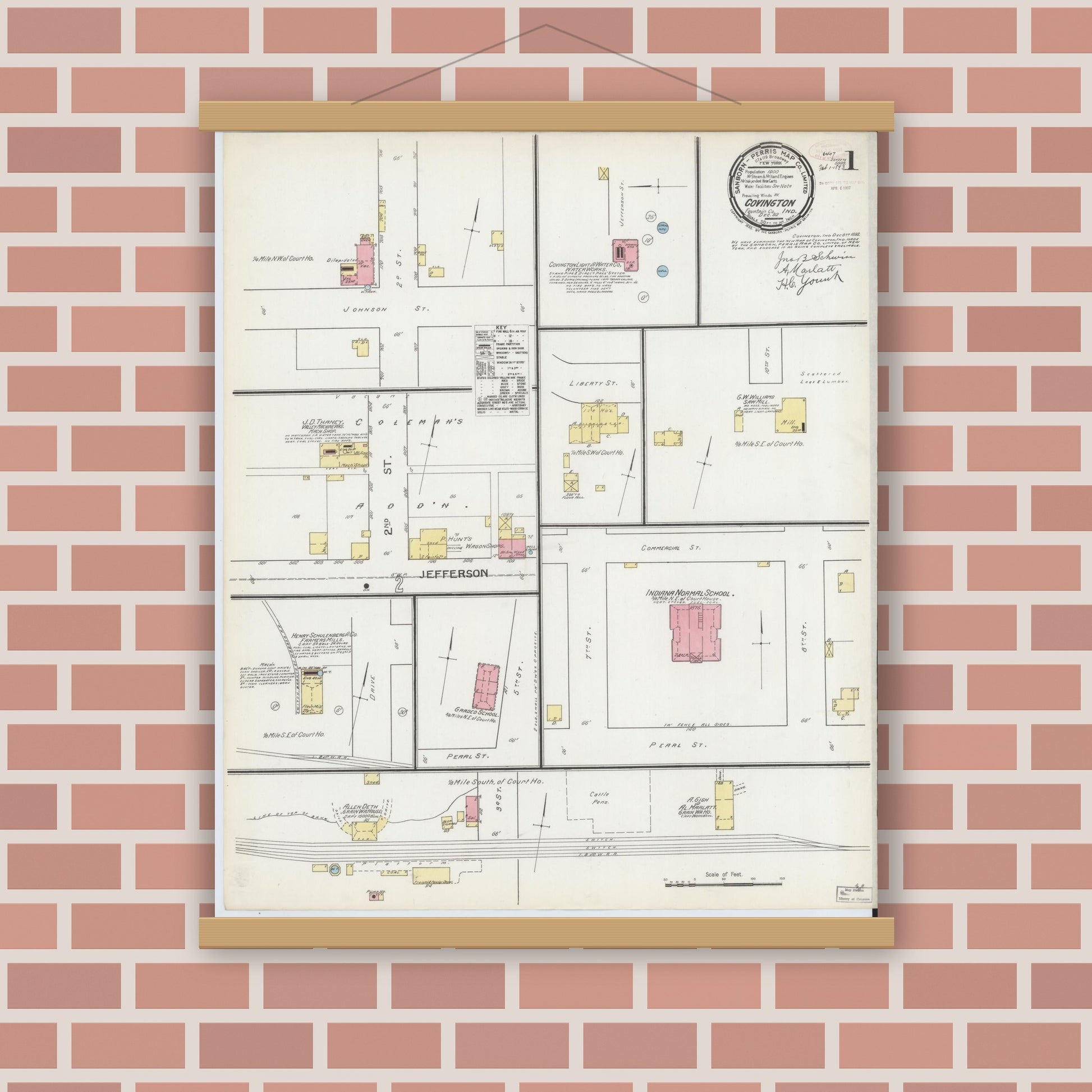 Old map wall art mockup — magnetic wood frame on brick wall — Sanborn Fire Insurance Map from Covington, Fountain County, Indiana (1892) - Complete Map Set