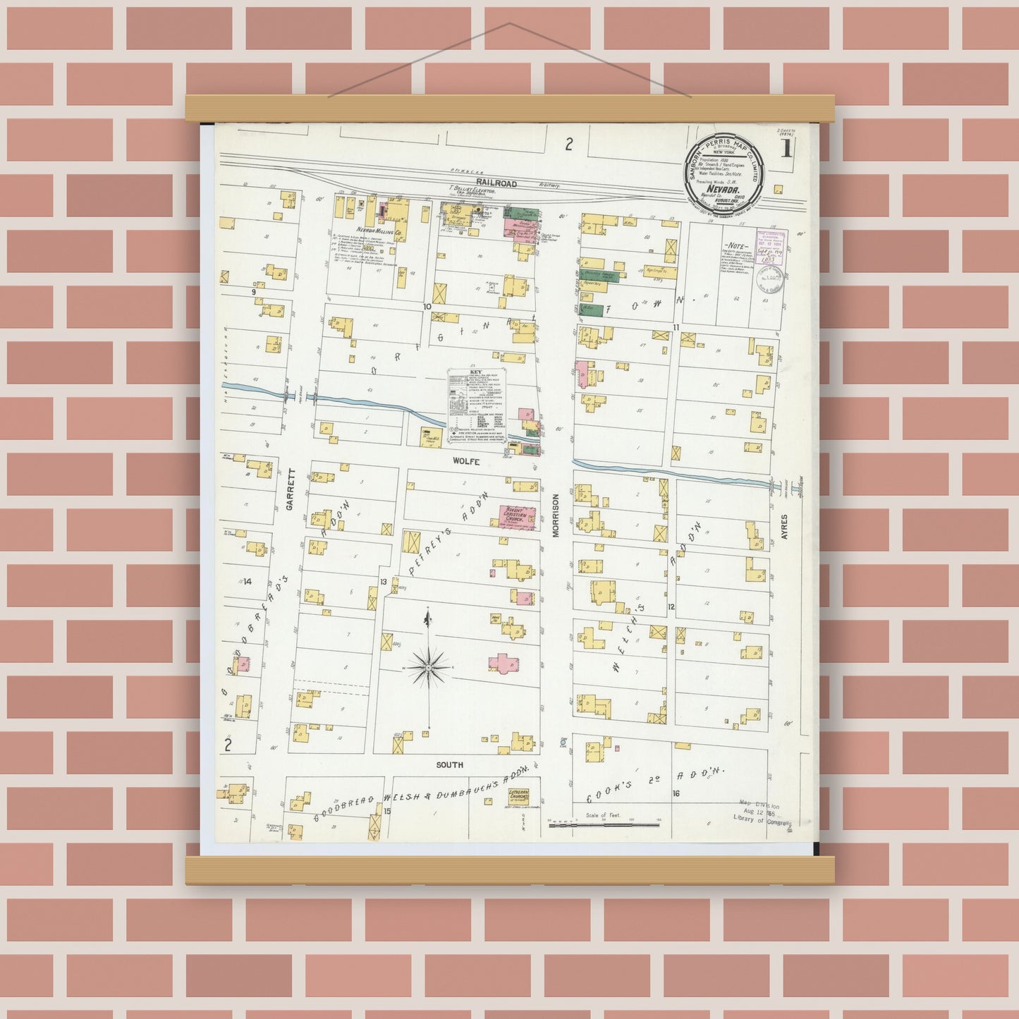 Old map wall art mockup — magnetic wood frame on brick wall — Sanborn Fire Insurance Map from Nevada, Wyandot County, Ohio (1901), Sheet #0001