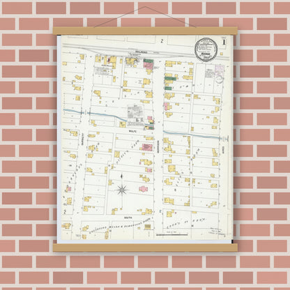Old map wall art mockup — magnetic wood frame on brick wall — Sanborn Fire Insurance Map from Nevada, Wyandot County, Ohio (1901), Sheet #0001