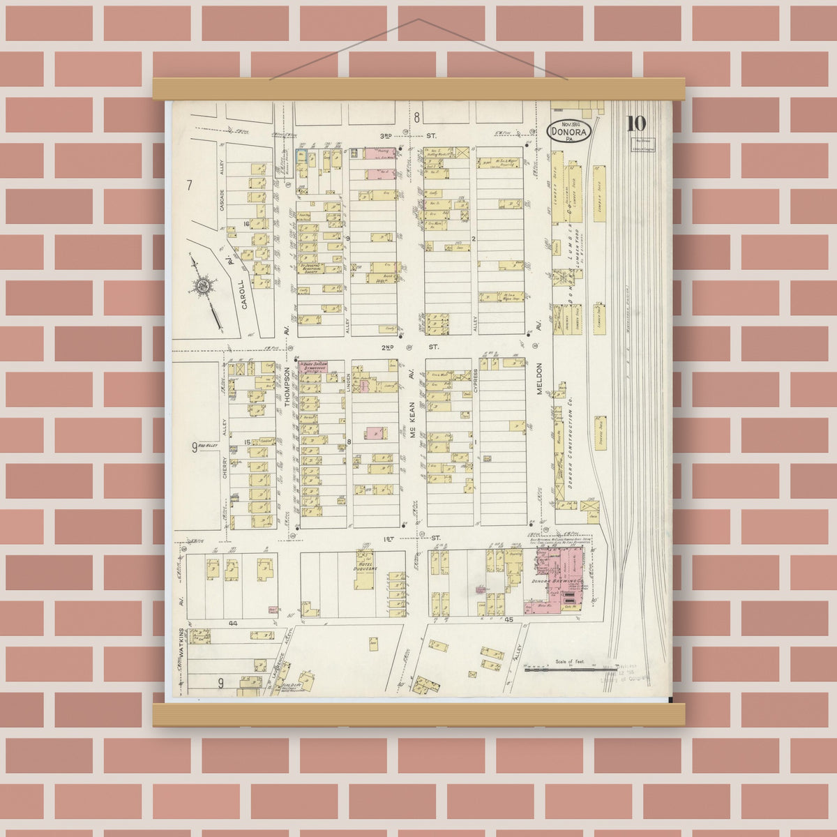 Old map wall art mockup — magnetic wood frame on brick wall — Sanborn Fire Insurance Map from Donora, Washington County, Pennsylvania (1914), Sheet #0010