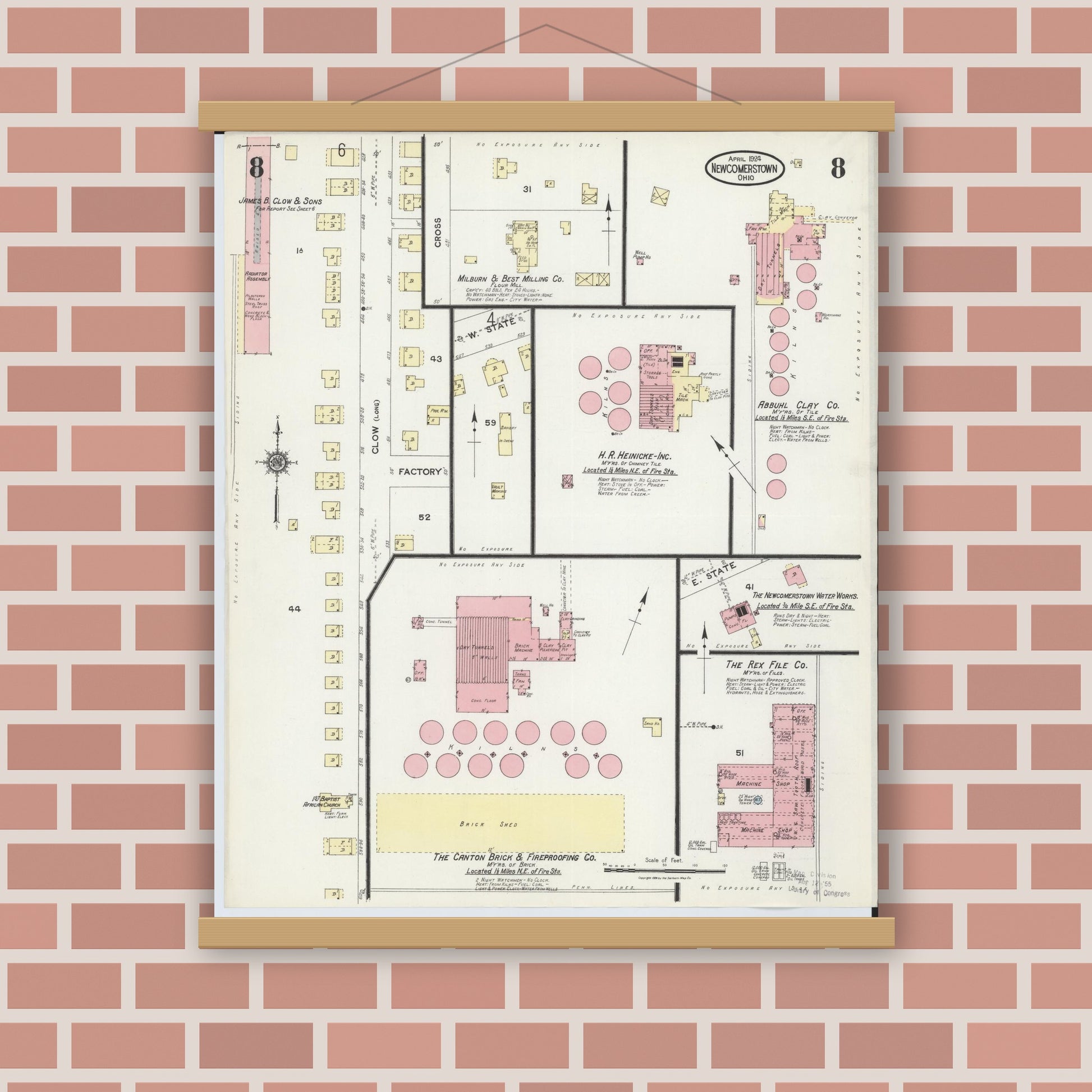 Old map wall art mockup — magnetic wood frame on brick wall — Sanborn Fire Insurance Map from Newcomerstown, Tuscarawas County, Ohio (1924), Sheet #0008