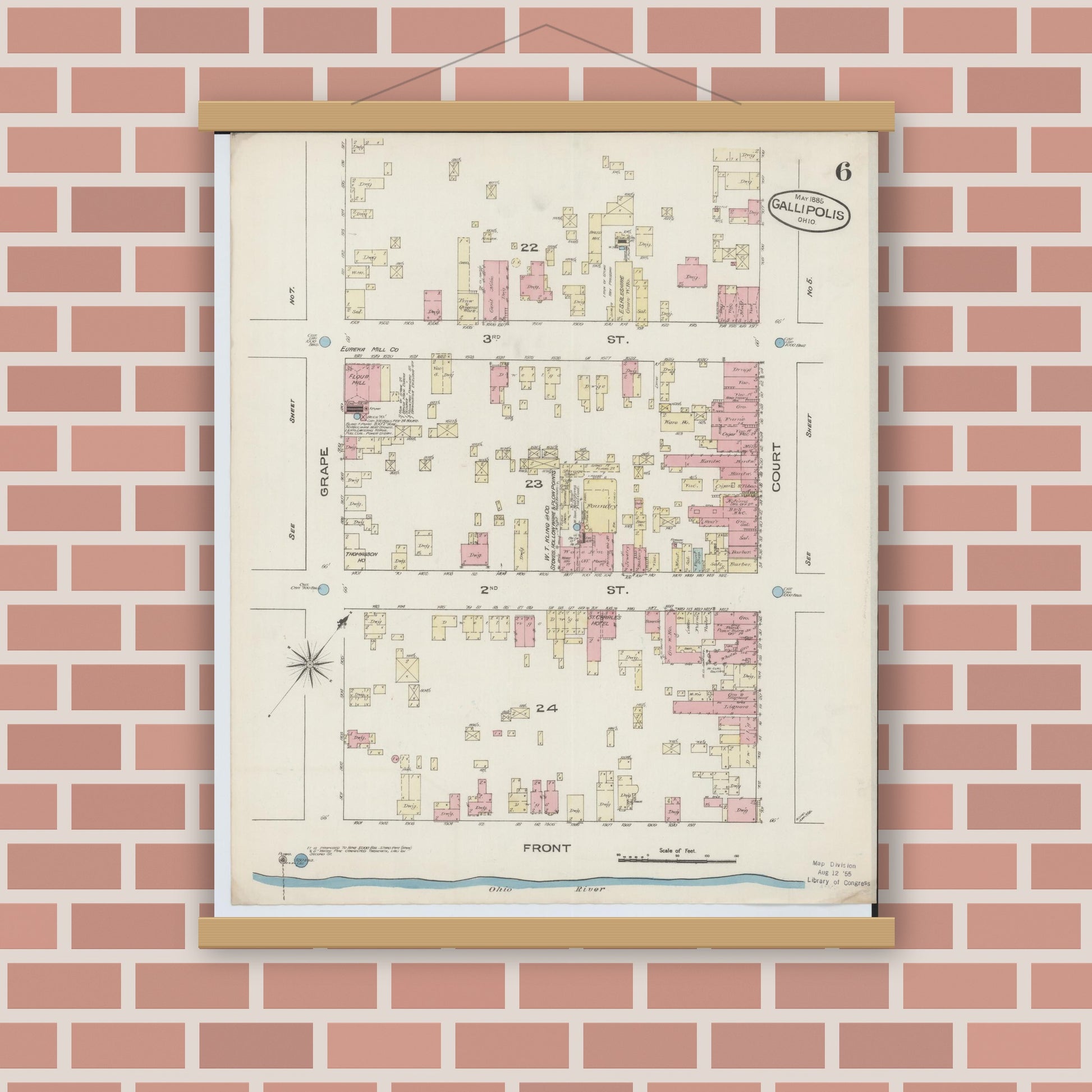 Old map wall art mockup — magnetic wood frame on brick wall — Sanborn Fire Insurance Map from Gallipolis, Gallia County, Ohio (1885), Sheet #0006