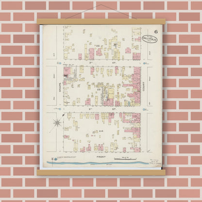 Old map wall art mockup — magnetic wood frame on brick wall — Sanborn Fire Insurance Map from Gallipolis, Gallia County, Ohio (1885), Sheet #0006