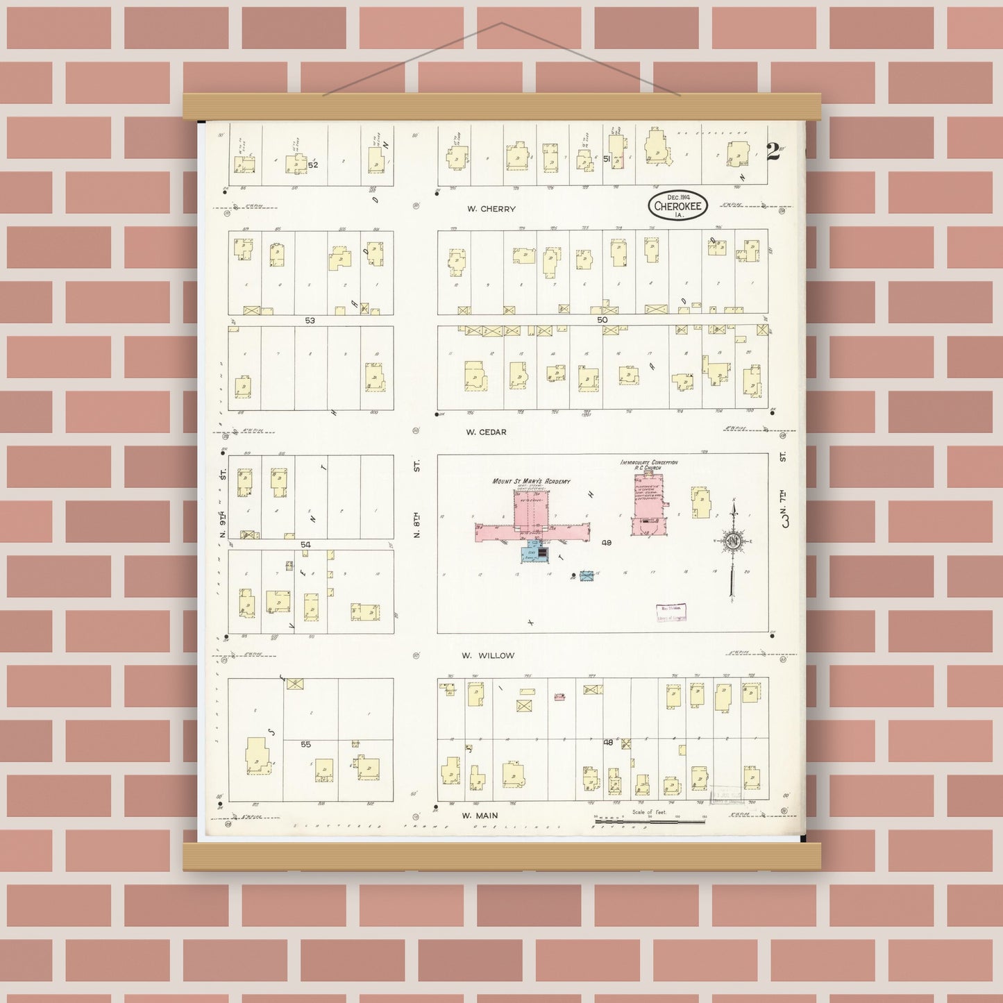 Old map wall art mockup — magnetic wood frame on brick wall — Sanborn Fire Insurance Map from Cherokee, Cherokee County, Iowa (1914), Sheet #0002