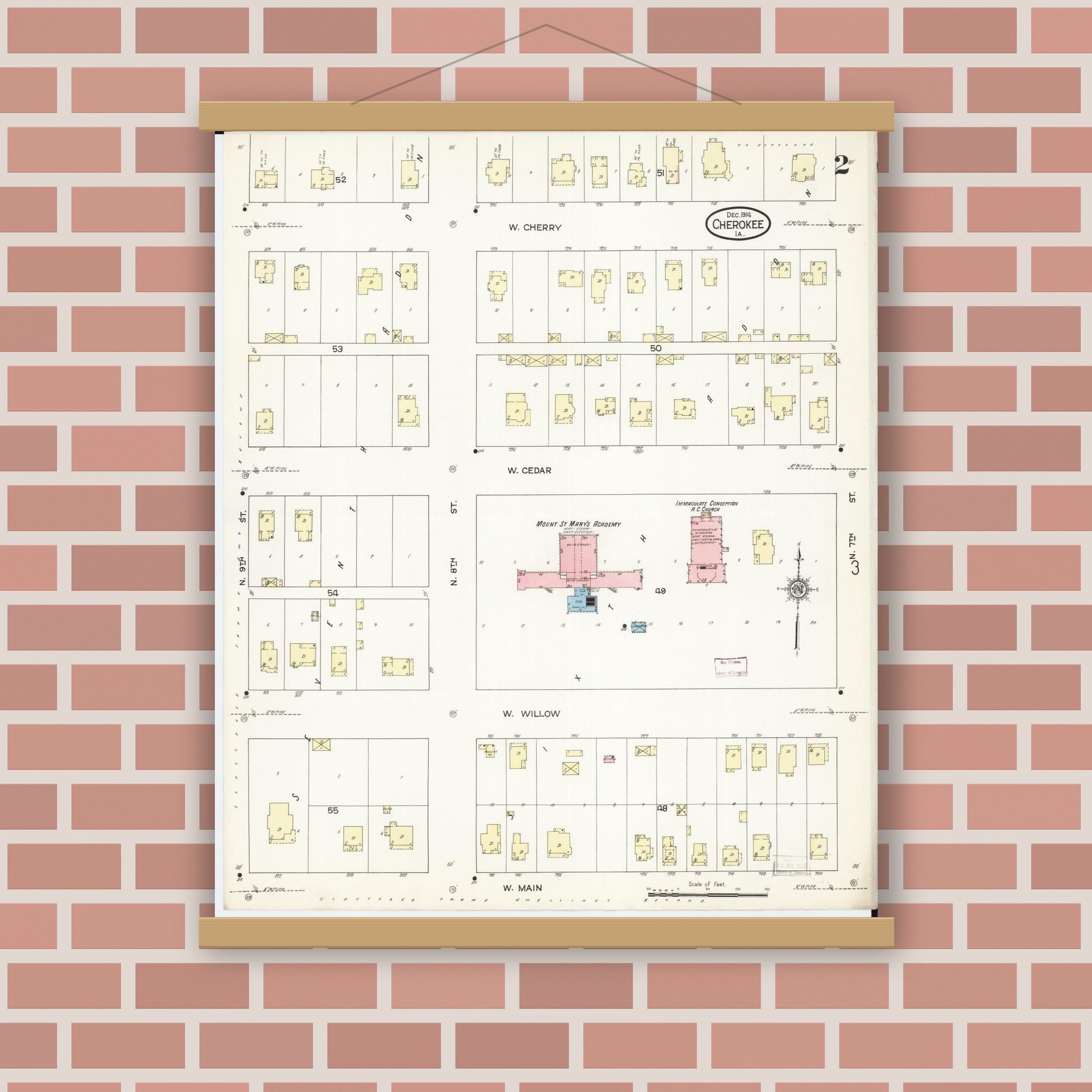 Old map wall art mockup — magnetic wood frame on brick wall — Sanborn Fire Insurance Map from Cherokee, Cherokee County, Iowa (1914), Sheet #0002