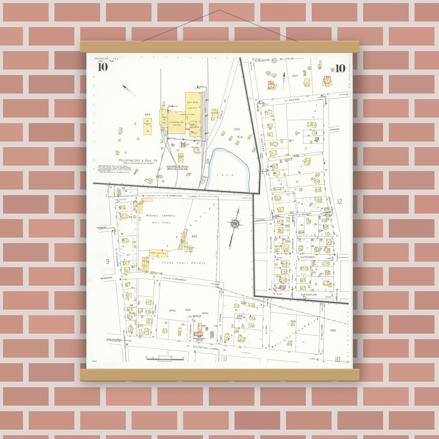 Old map wall art mockup — magnetic wood frame on brick wall — Sanborn Fire Insurance Map from Palestine, Anderson County, Texas (1935), Sheet #0010