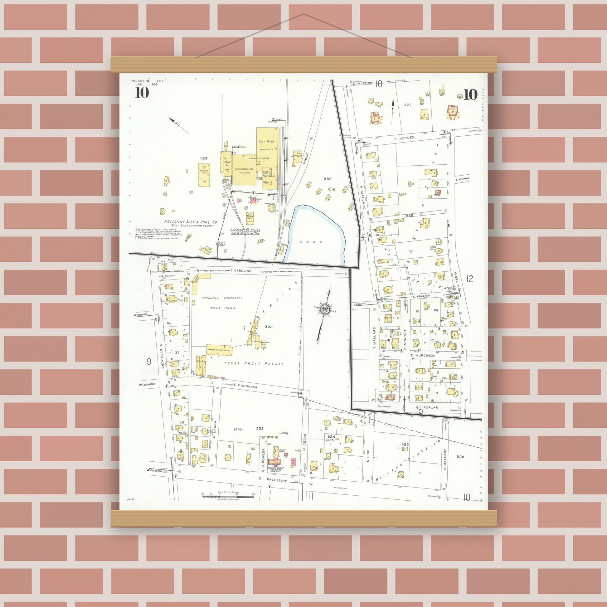 Old map wall art mockup — magnetic wood frame on brick wall — Sanborn Fire Insurance Map from Palestine, Anderson County, Texas (1935), Sheet #0010