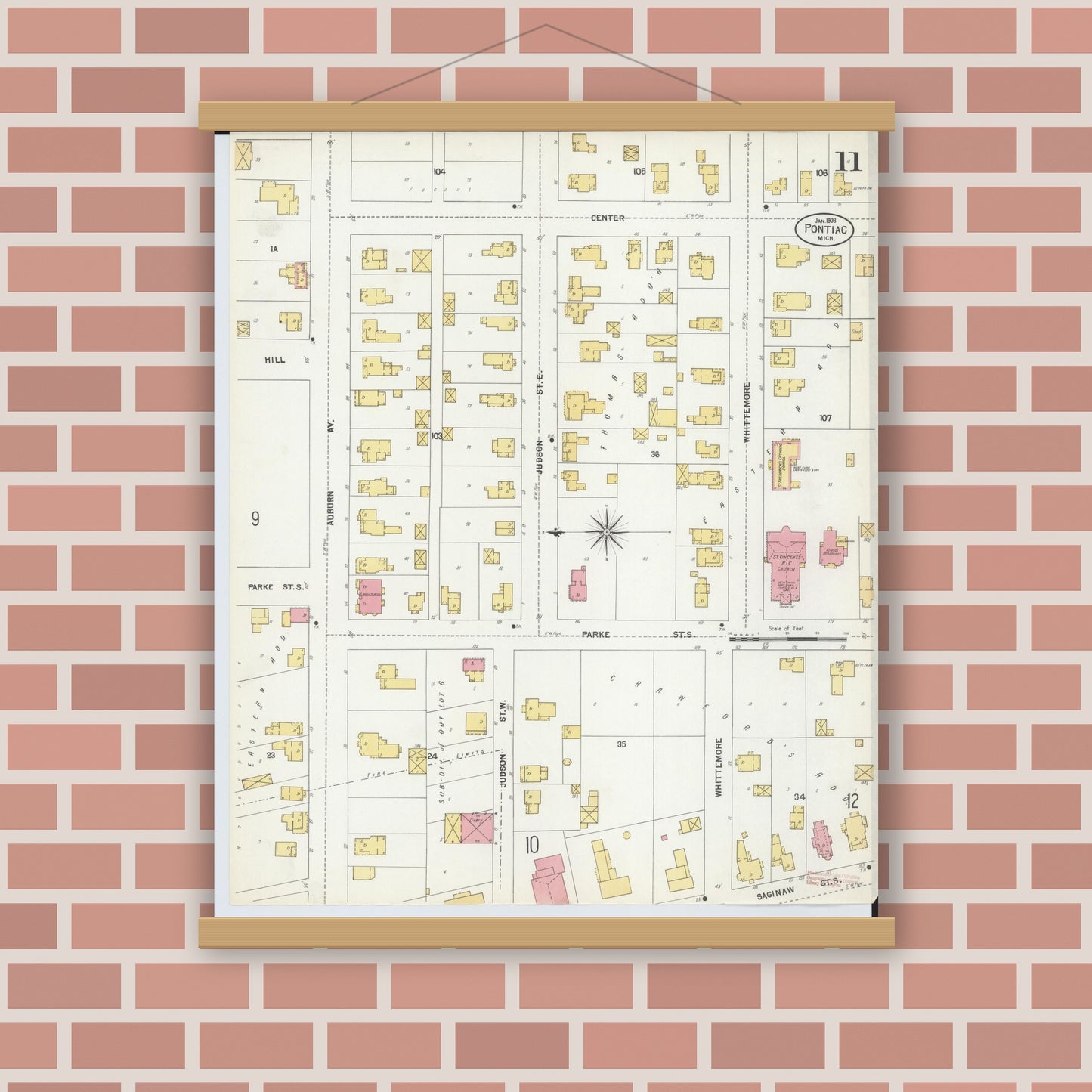 Old map wall art mockup — magnetic wood frame on brick wall — Sanborn Fire Insurance Map from Pontiac, Oakland County, Michigan (1903), Sheet #0011