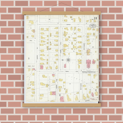 Old map wall art mockup — magnetic wood frame on brick wall — Sanborn Fire Insurance Map from Pontiac, Oakland County, Michigan (1903), Sheet #0011