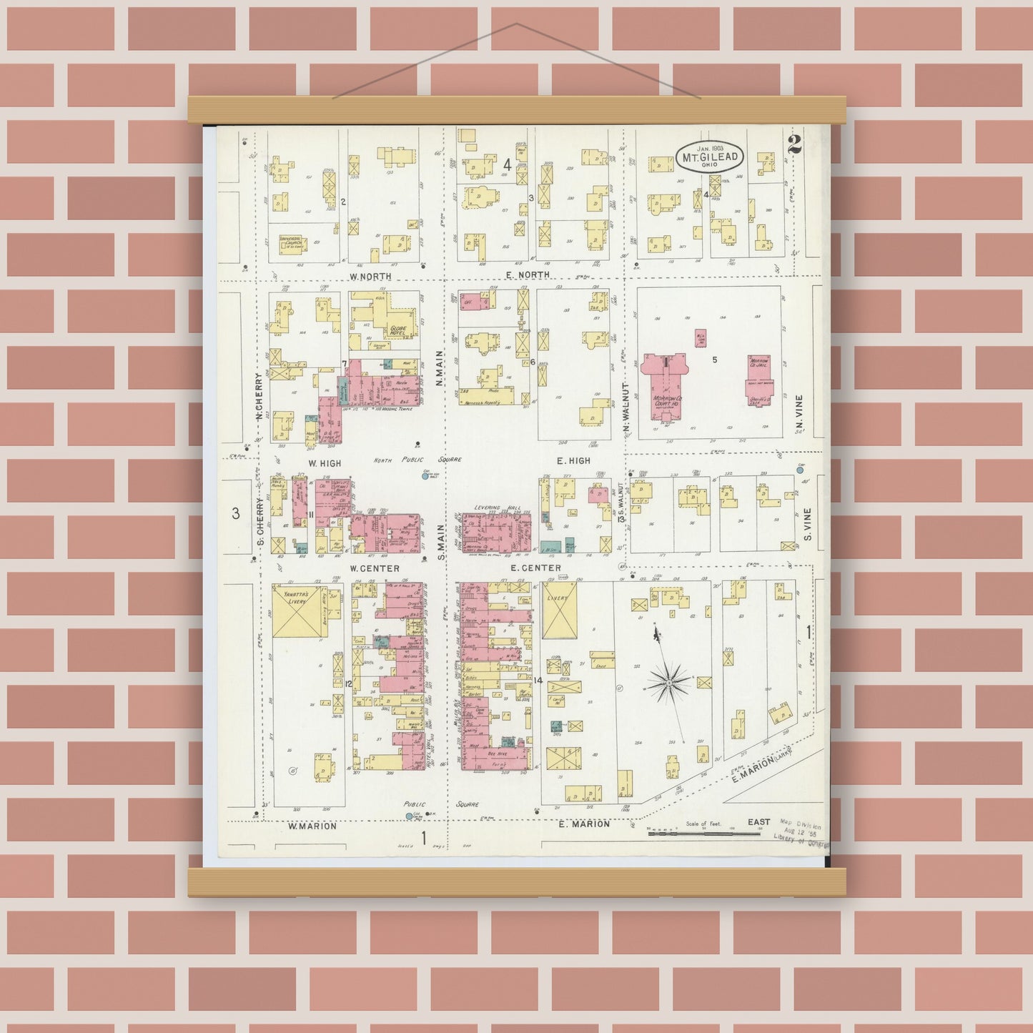 Old map wall art mockup — magnetic wood frame on brick wall — Sanborn Fire Insurance Map from Mount Gilead, Morrow County, Ohio (1903), Sheet #0002