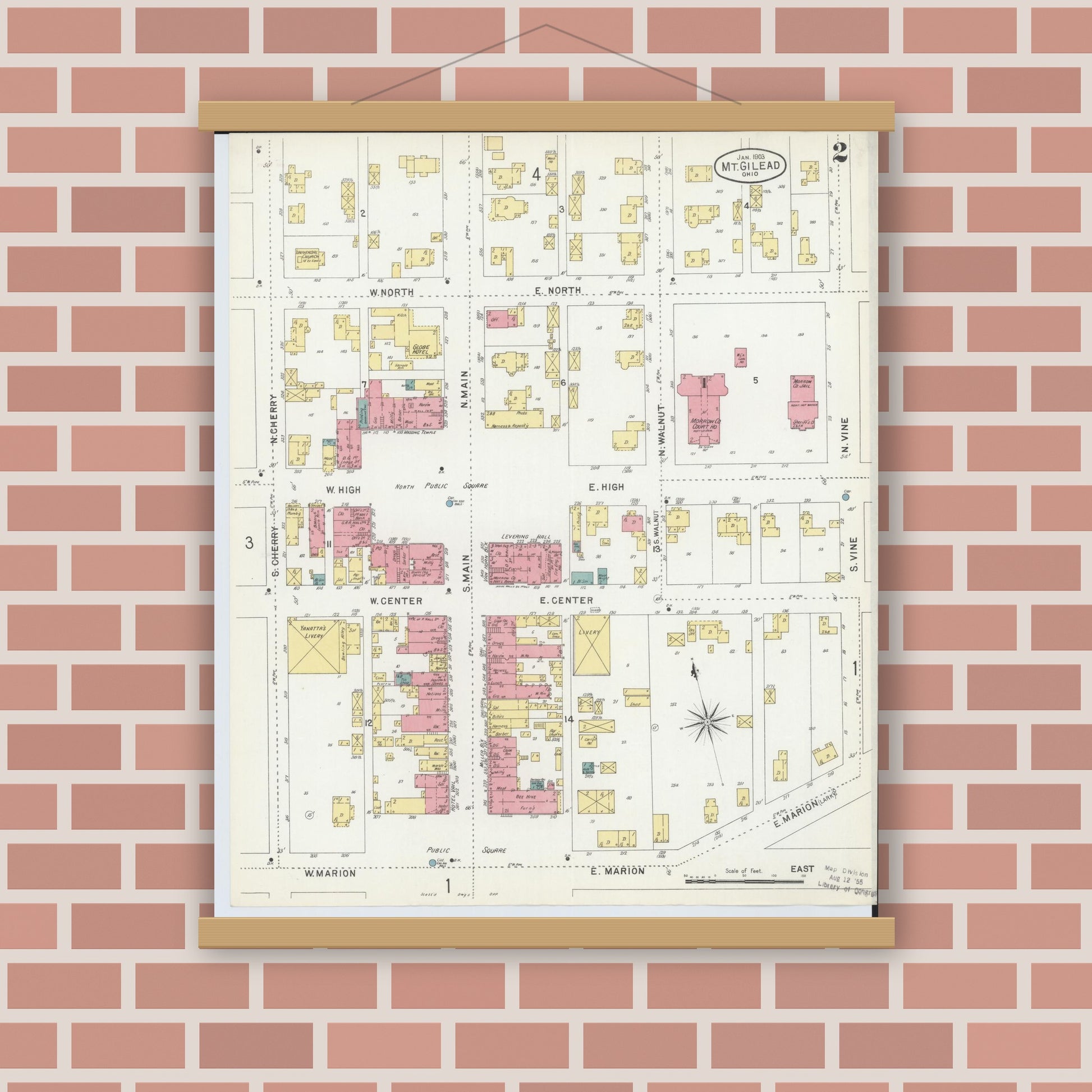 Old map wall art mockup — magnetic wood frame on brick wall — Sanborn Fire Insurance Map from Mount Gilead, Morrow County, Ohio (1903), Sheet #0002