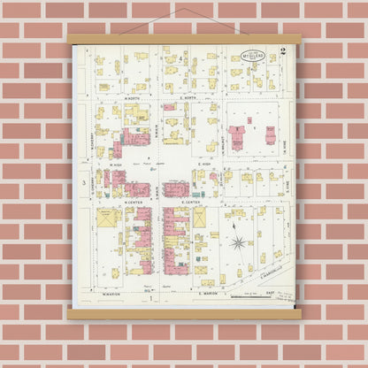 Old map wall art mockup — magnetic wood frame on brick wall — Sanborn Fire Insurance Map from Mount Gilead, Morrow County, Ohio (1903), Sheet #0002