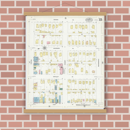 Old map wall art mockup — magnetic wood frame on brick wall — Sanborn Fire Insurance Map from Kankakee, Kankakee County, Illinois (1907), Sheet #0015