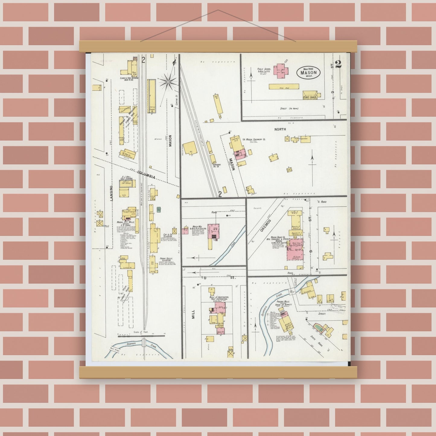 Old map wall art mockup — magnetic wood frame on brick wall — Sanborn Fire Insurance Map from Mason, Ingham County, Michigan (1900), Sheet #0002