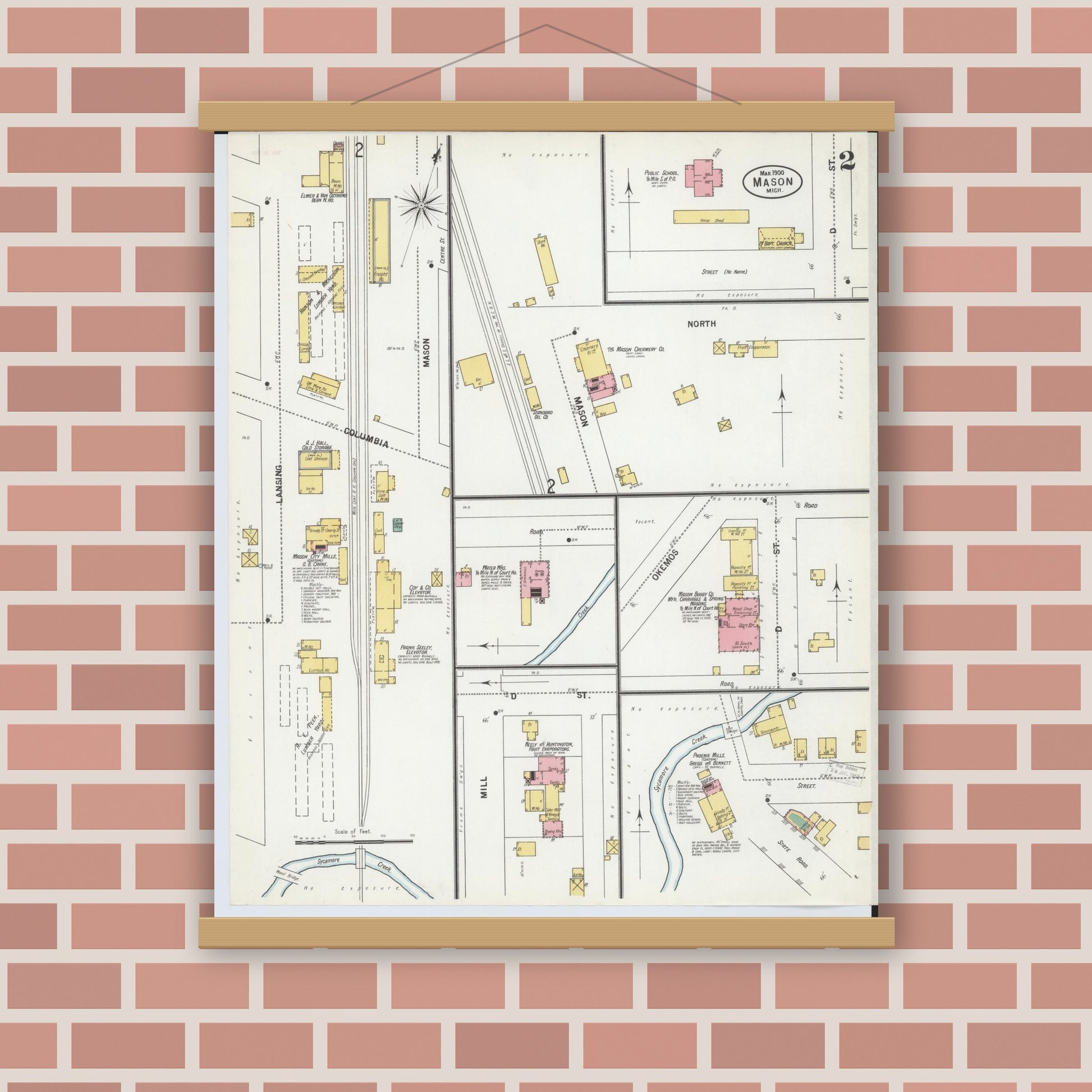 Old map wall art mockup — magnetic wood frame on brick wall — Sanborn Fire Insurance Map from Mason, Ingham County, Michigan (1900), Sheet #0002