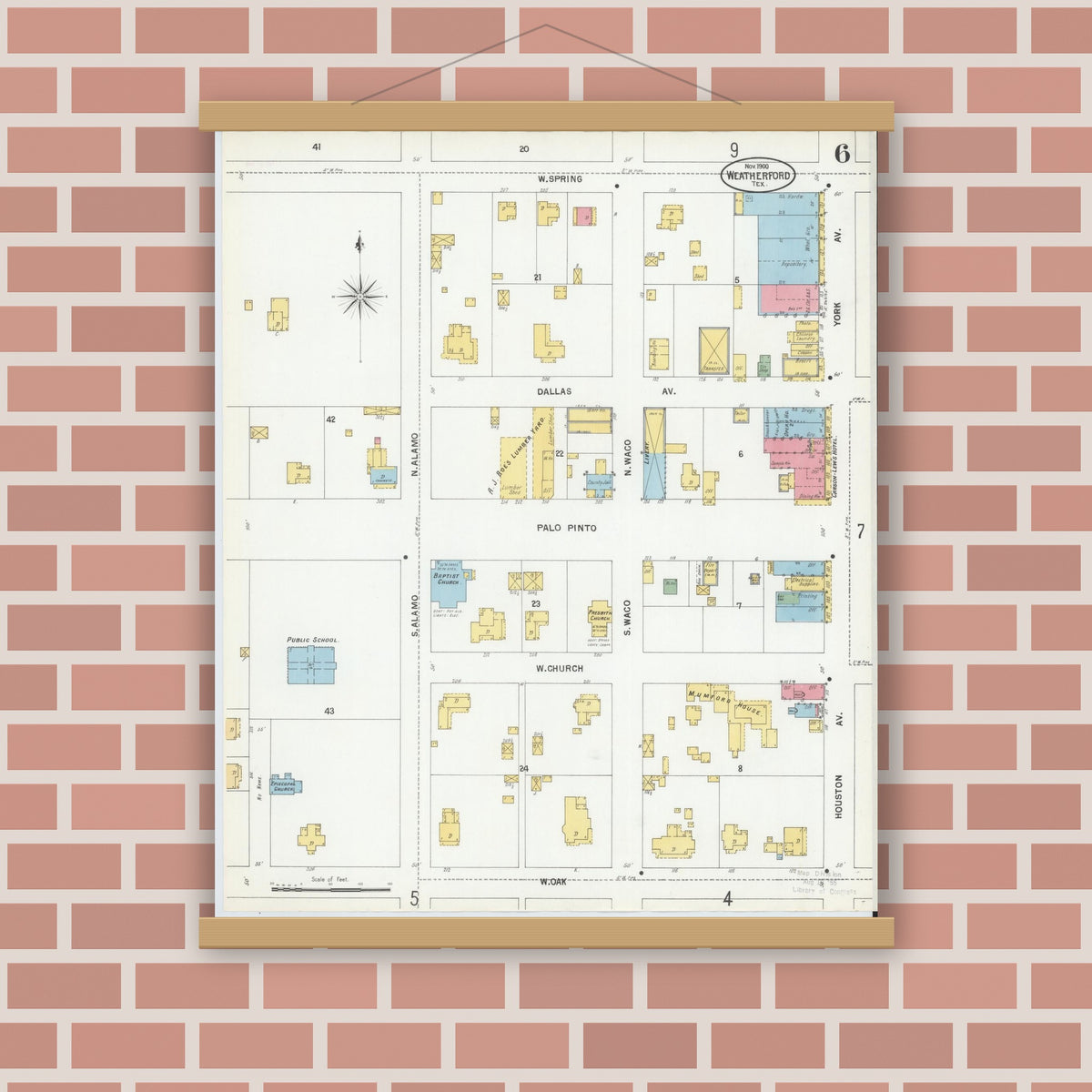 Old map wall art mockup — magnetic wood frame on brick wall — Sanborn Fire Insurance Map from Weatherford, Parker County, Texas (1900), Sheet #0006