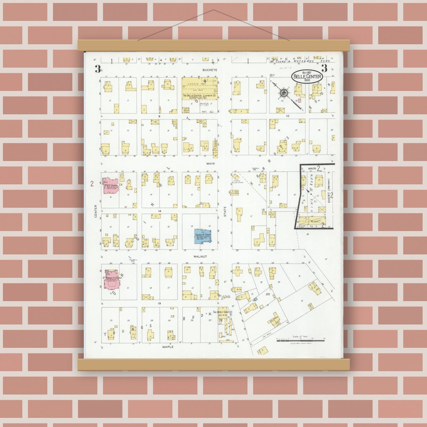 Old map wall art mockup — magnetic wood frame on brick wall — Sanborn Fire Insurance Map from Belle Centre, Logan County, Ohio (1927), Sheet #0003