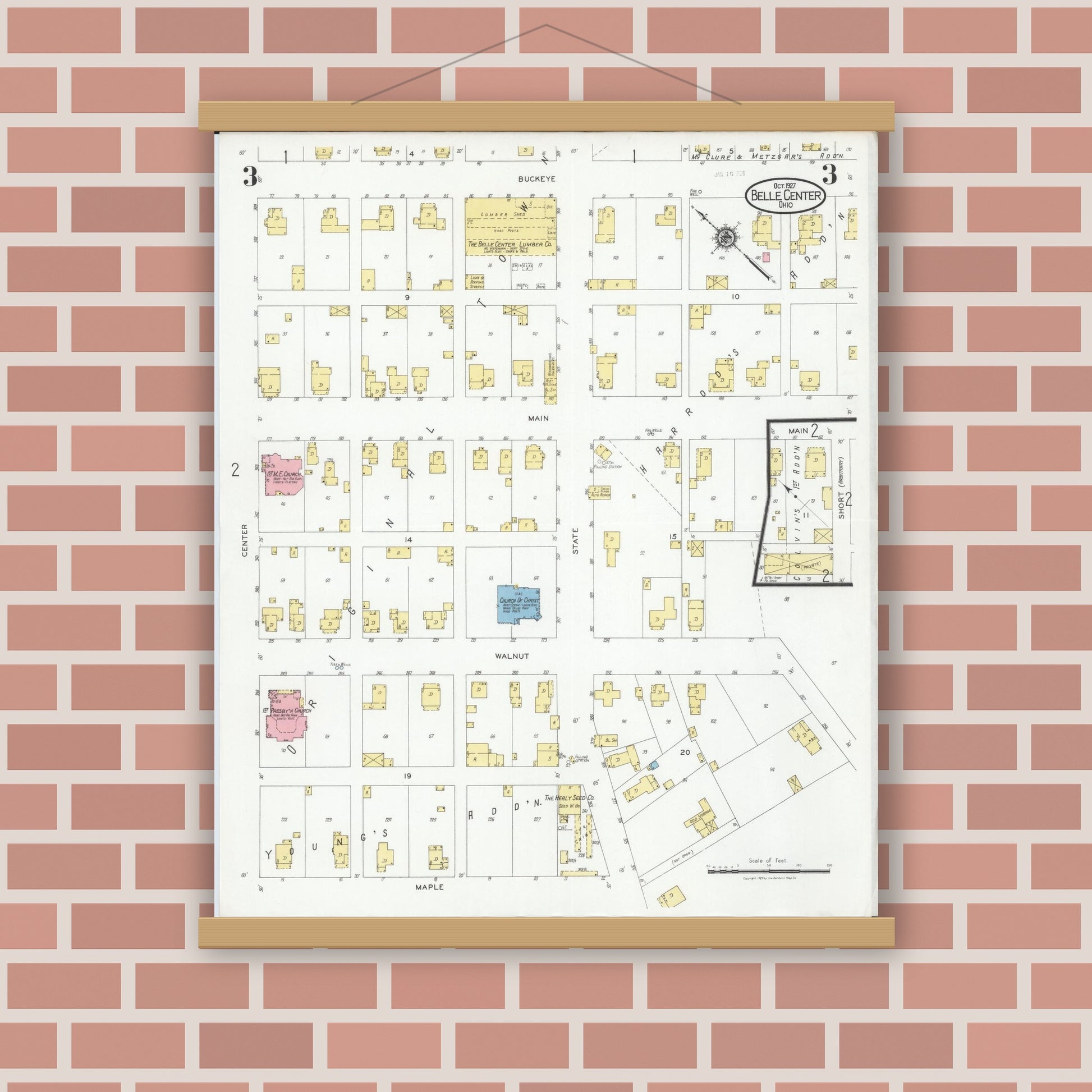 Old map wall art mockup — magnetic wood frame on brick wall — Sanborn Fire Insurance Map from Belle Centre, Logan County, Ohio (1927), Sheet #0003
