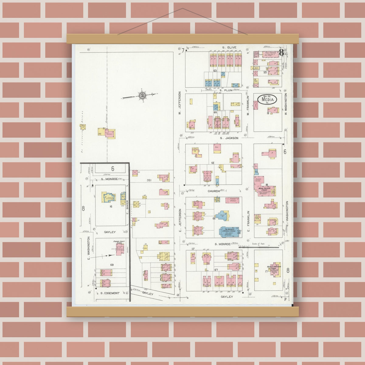 Old map wall art mockup — magnetic wood frame on brick wall — Sanborn Fire Insurance Map from Media, Delaware County, Pennsylvania (1912), Sheet #0008