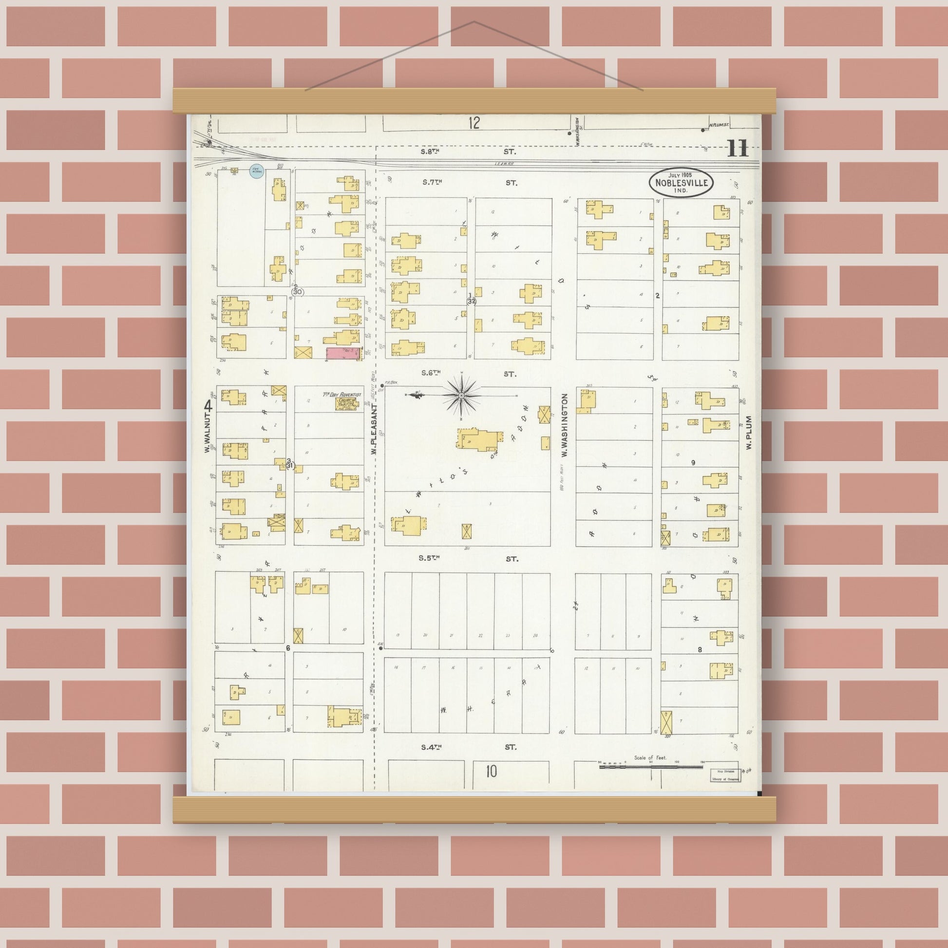Old map wall art mockup — magnetic wood frame on brick wall — Sanborn Fire Insurance Map from Noblesville, Hamilton County, Indiana (1905), Sheet #0011