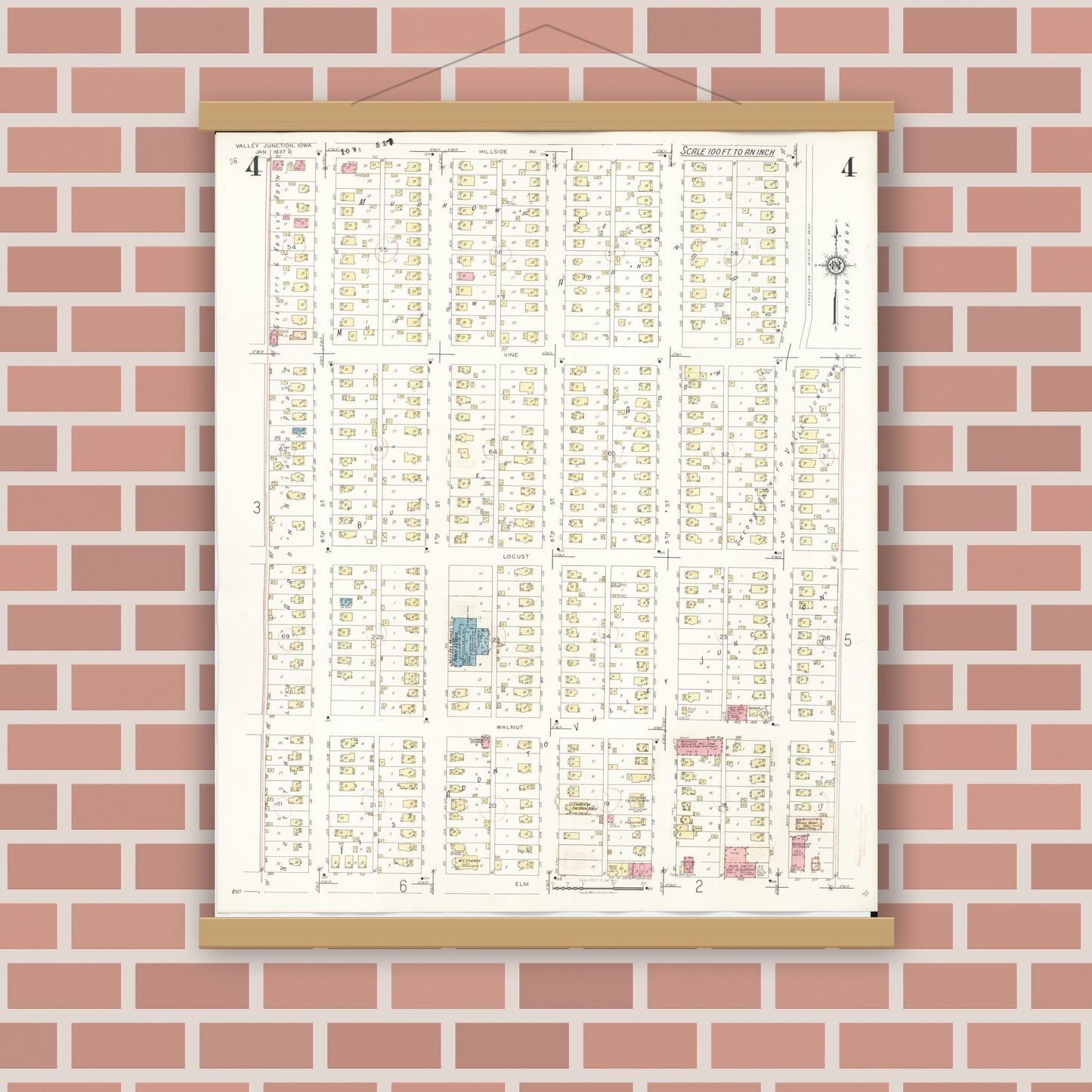 Old map wall art mockup — magnetic wood frame on brick wall — Sanborn Fire Insurance Map from Valley Junction, Polk County, Iowa (1941), Sheet #0004
