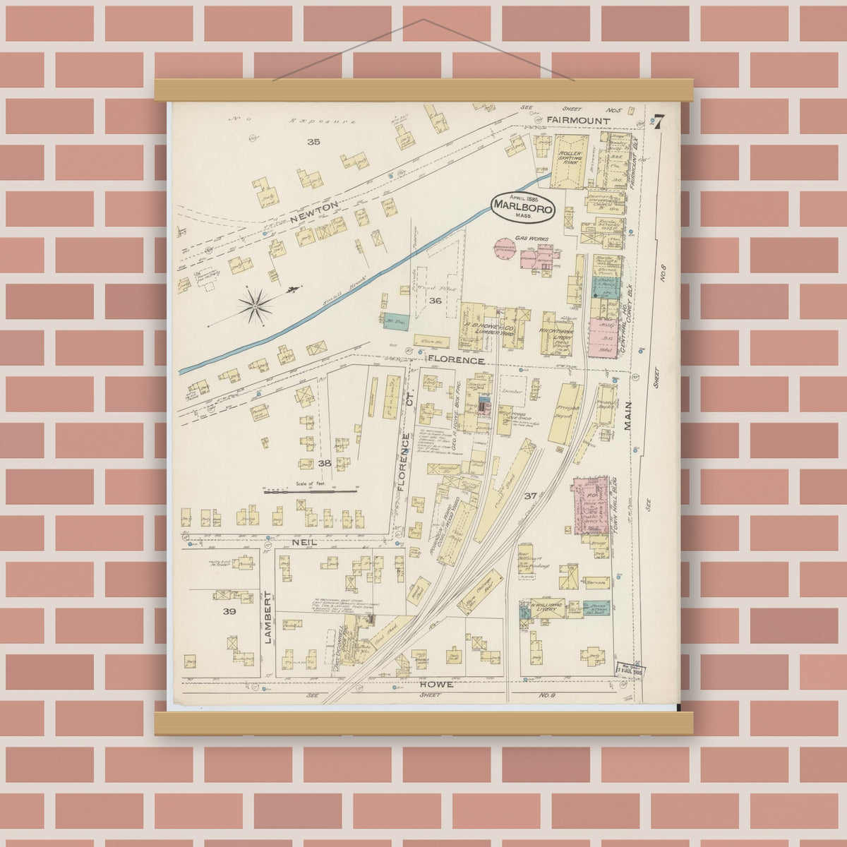 Old map wall art mockup — magnetic wood frame on brick wall — Sanborn Fire Insurance Map from Marlborough, Middlesex County, Massachusetts (1885), Sheet #0007