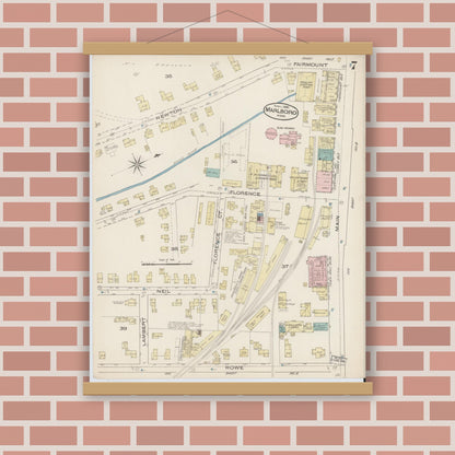Old map wall art mockup — magnetic wood frame on brick wall — Sanborn Fire Insurance Map from Marlborough, Middlesex County, Massachusetts (1885), Sheet #0007