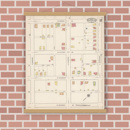 Old map wall art mockup — magnetic wood frame on brick wall — Sanborn Fire Insurance Map from State College, Centre County, Pennsylvania (1922), Sheet #0011