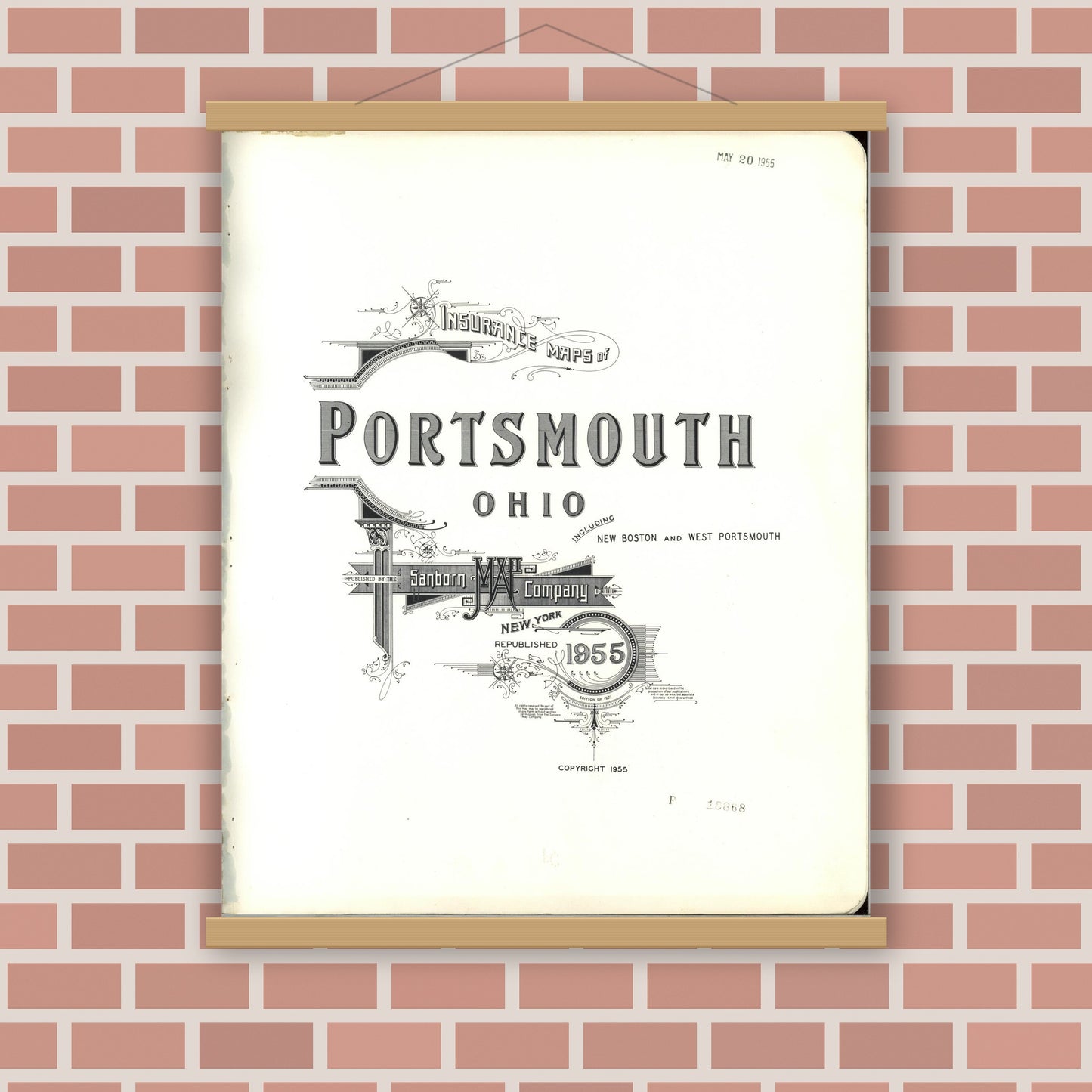 Old map wall art mockup — magnetic wood frame on brick wall — Sanborn Fire Insurance Map from Portsmouth, Scioto County, Ohio (1955), Sheet #0001