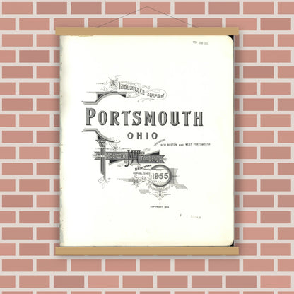 Old map wall art mockup — magnetic wood frame on brick wall — Sanborn Fire Insurance Map from Portsmouth, Scioto County, Ohio (1955), Sheet #0001