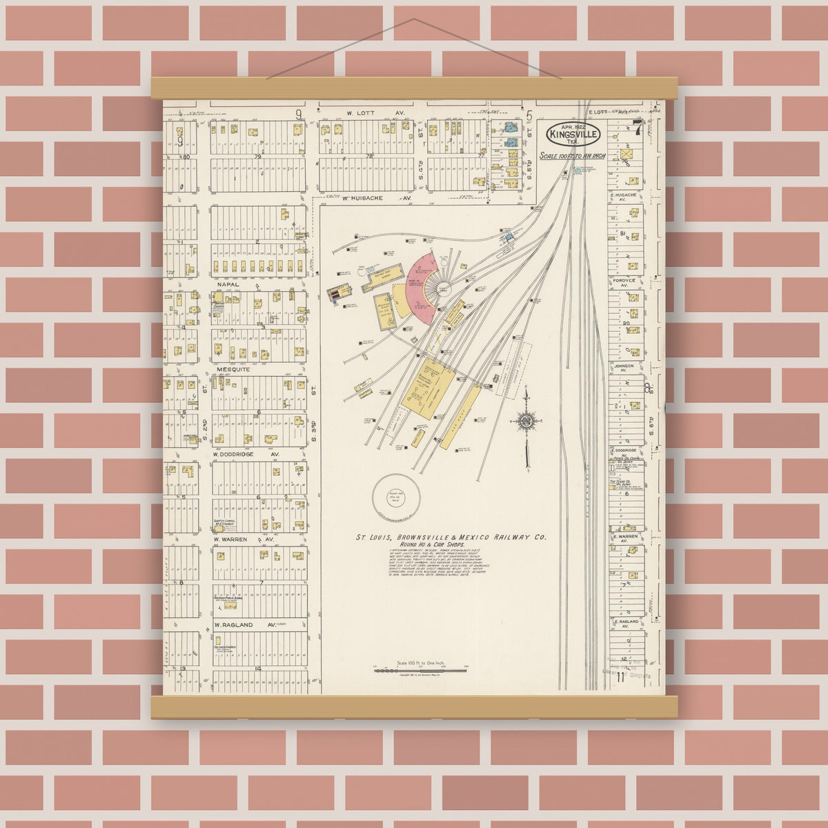 Old map wall art mockup — magnetic wood frame on brick wall — Sanborn Fire Insurance Map from Kingsville, Kleberg County, Texas (1922), Sheet #0007