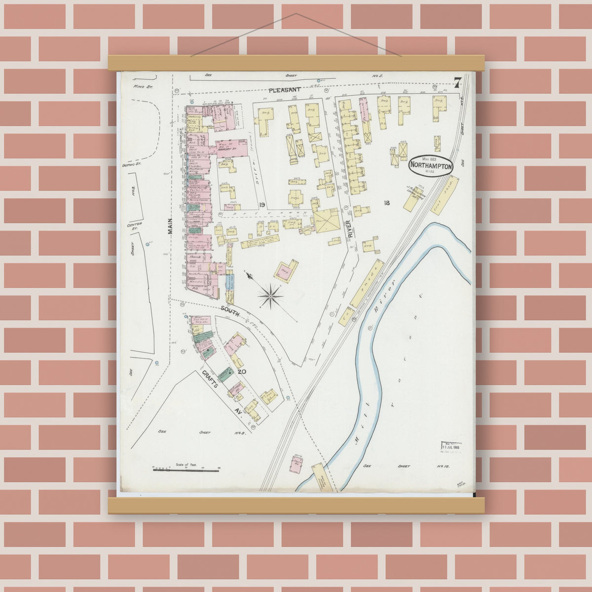 Old map wall art mockup — magnetic wood frame on brick wall — Sanborn Fire Insurance Map from Northampton, Hampshire County, Massachusetts (1889), Sheet #0007