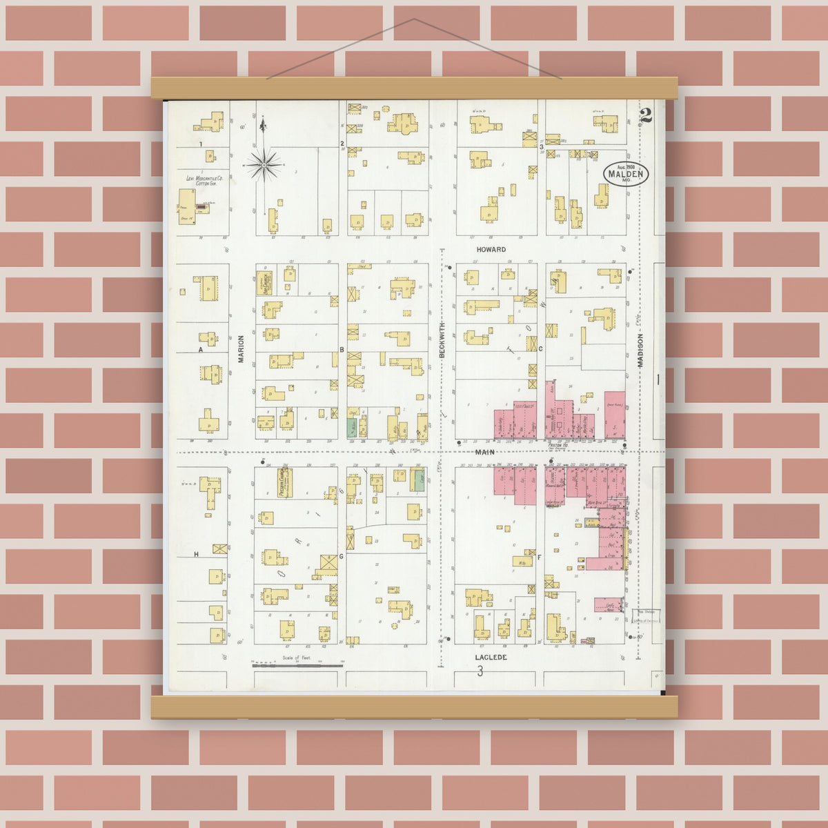 Old map wall art mockup — magnetic wood frame on brick wall — Sanborn Fire Insurance Map from Malden, Dunklin County, Missouri (1900), Sheet #0002