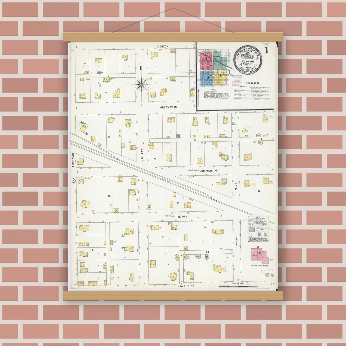 Old map wall art mockup — magnetic wood frame on brick wall — Sanborn Fire Insurance Map from Toulon, Stark County, Illinois (1907) - Complete Map Set