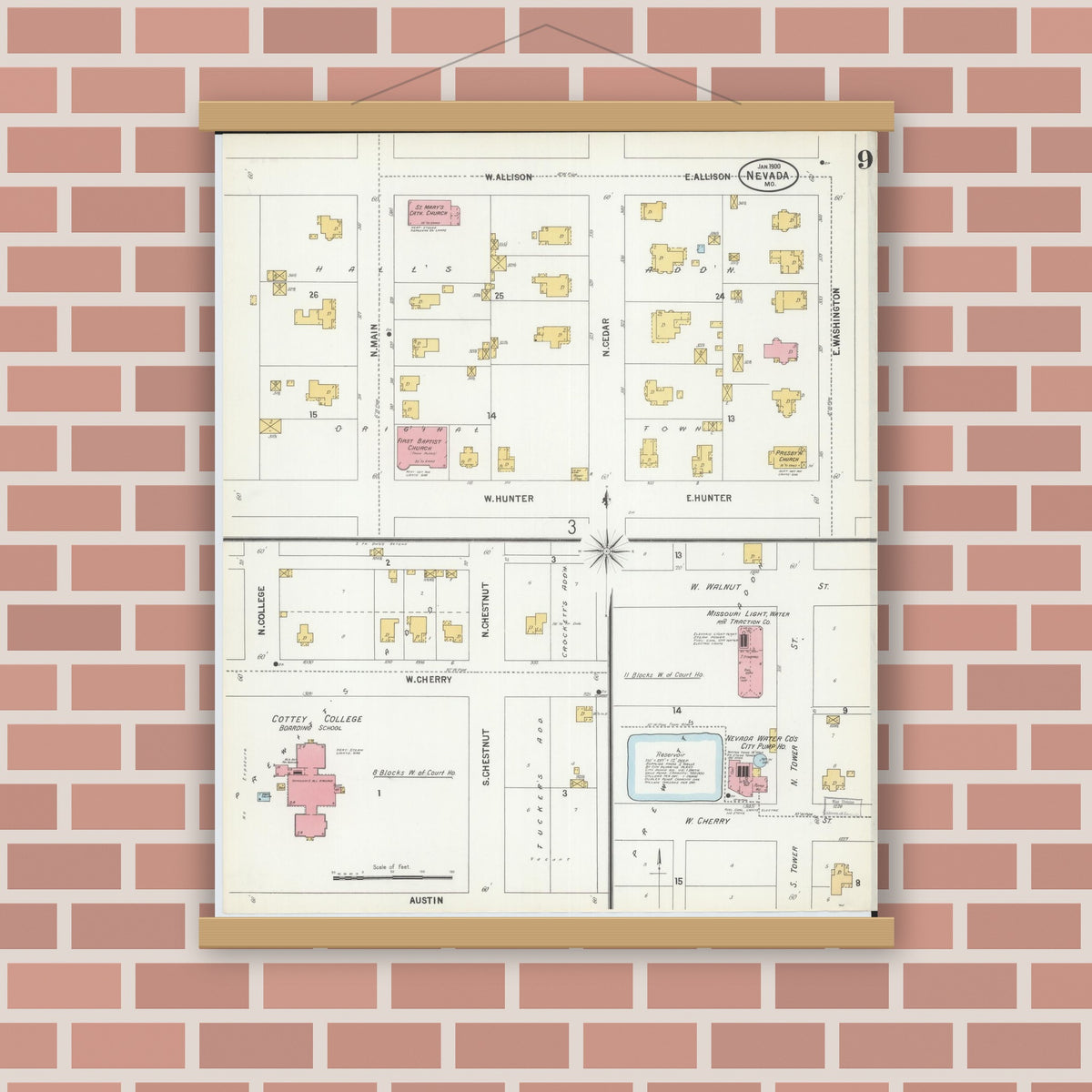 Old map wall art mockup — magnetic wood frame on brick wall — Sanborn Fire Insurance Map from Nevada, Vernon County, Missouri (1900), Sheet #0009