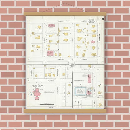 Old map wall art mockup — magnetic wood frame on brick wall — Sanborn Fire Insurance Map from Nevada, Vernon County, Missouri (1900), Sheet #0009
