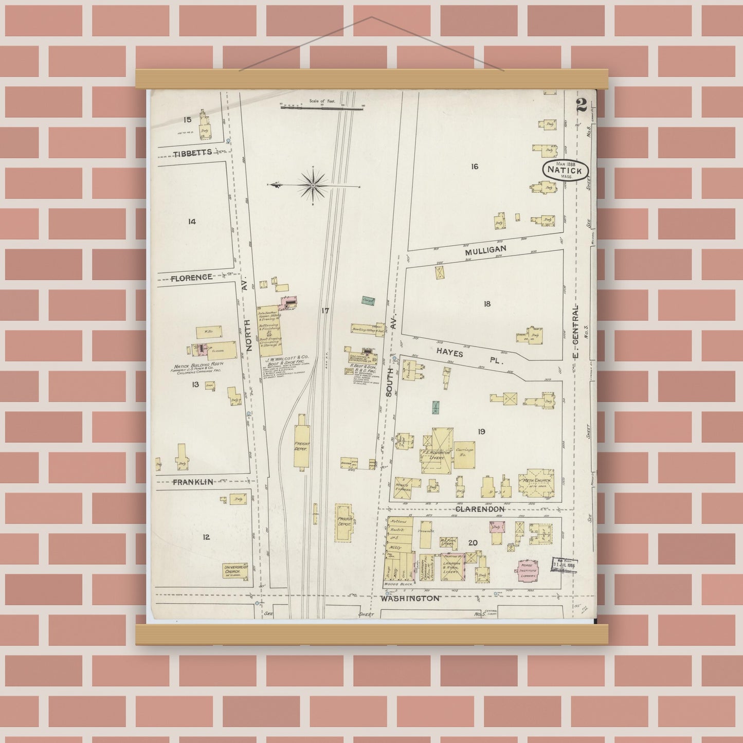 Old map wall art mockup — magnetic wood frame on brick wall — Sanborn Fire Insurance Map from Natick, Middlesex County, Massachusetts (1888), Sheet #0002