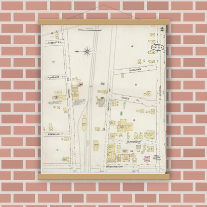 Old map wall art mockup — magnetic wood frame on brick wall — Sanborn Fire Insurance Map from Natick, Middlesex County, Massachusetts (1888), Sheet #0002