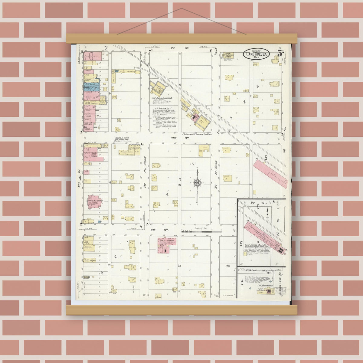 Old map wall art mockup — magnetic wood frame on brick wall — Sanborn Fire Insurance Map from Lake Odessa, Ionia County, Michigan (1912), Sheet #0005